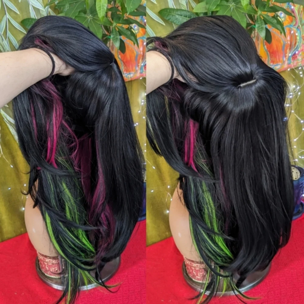 LAST ONE! Black wig with neon pink and green